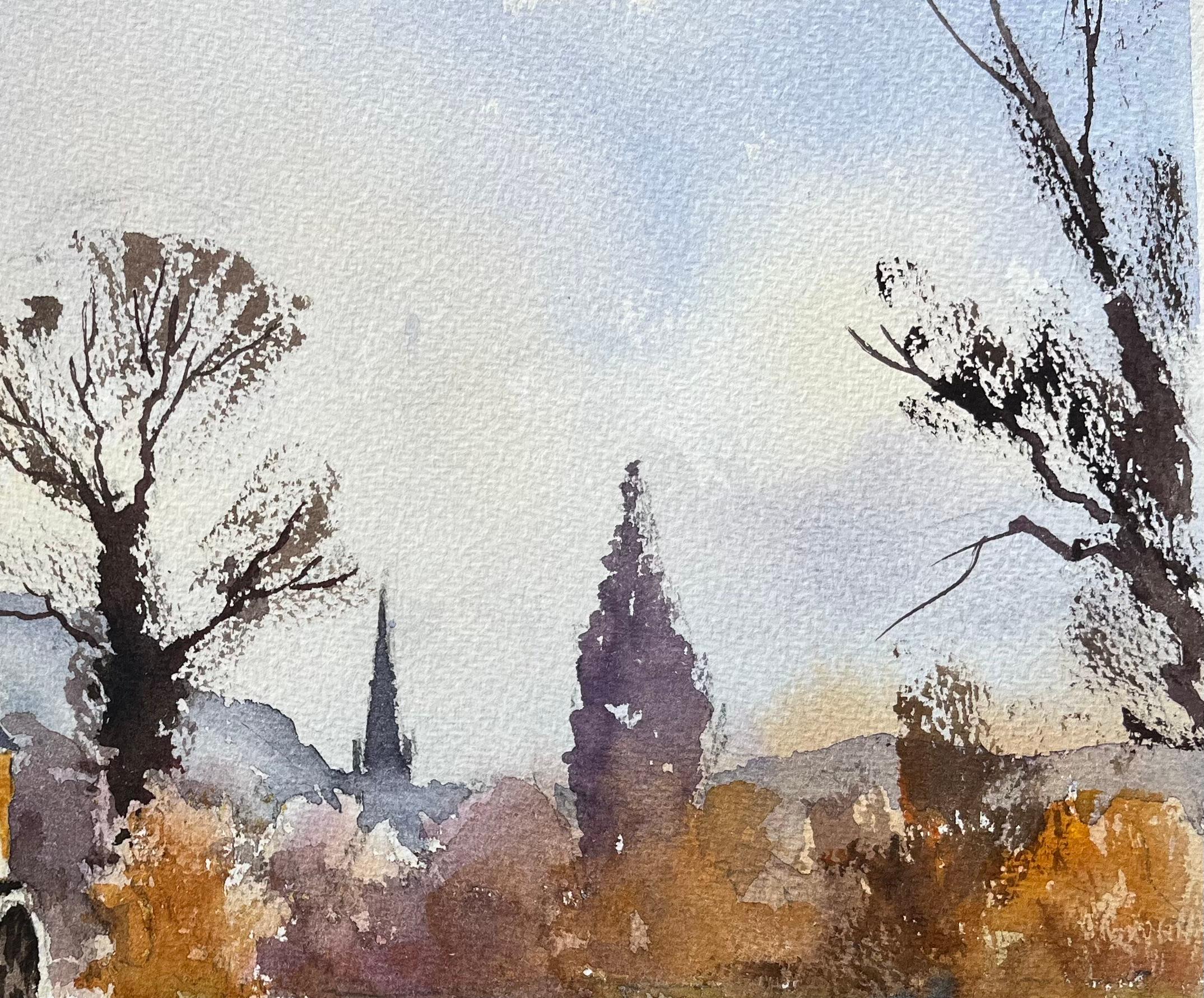 Britisches Original-Aquarell einer Wassermühle im Herbst (Grau), Landscape Painting, von Anthony Avery