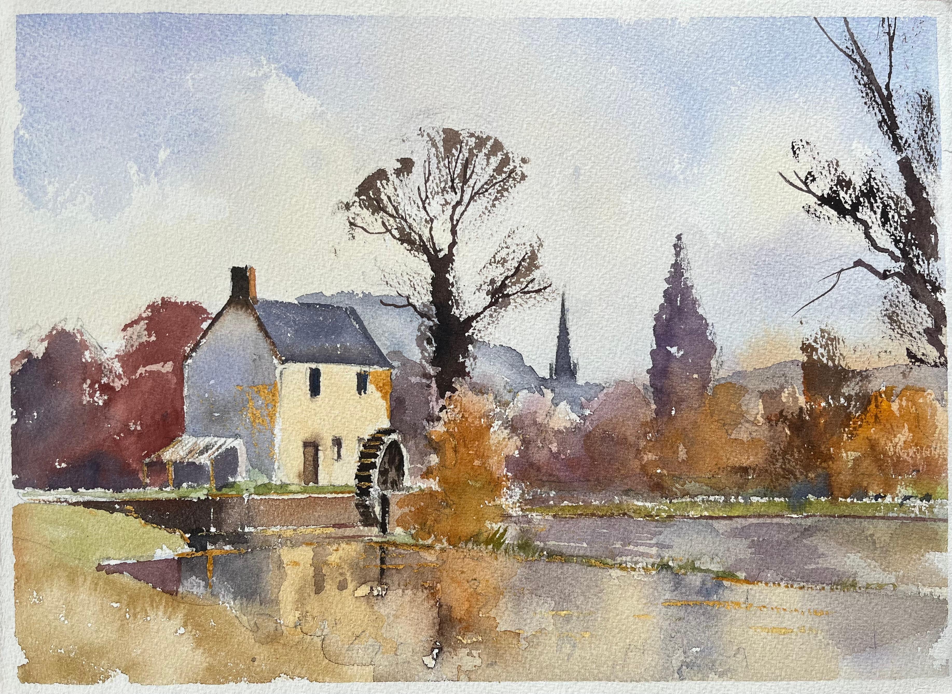Britisches Original-Aquarell einer Wassermühle im Herbst
