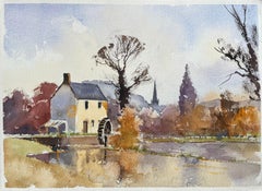 Britisches Original-Aquarell einer Wassermühle im Herbst