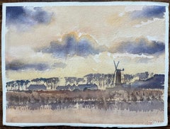 Aquarelle originale britannique d'un moulin à vent et d'un paysage de campagne au coucher du soleil