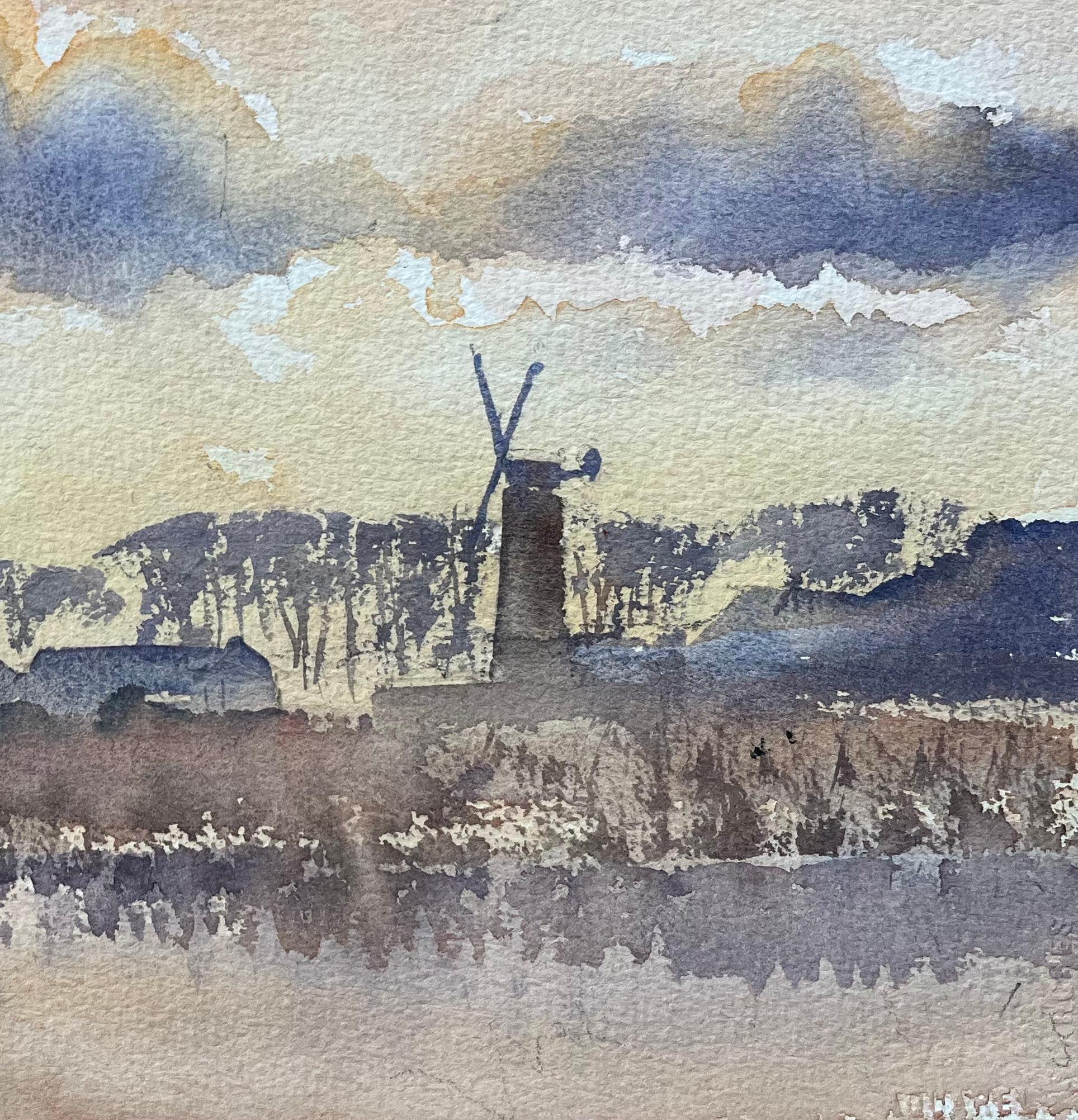 British Original Watercolor of a Windmill and Countryside Landscape at Sunset - Impressionist Painting by Anthony Avery
