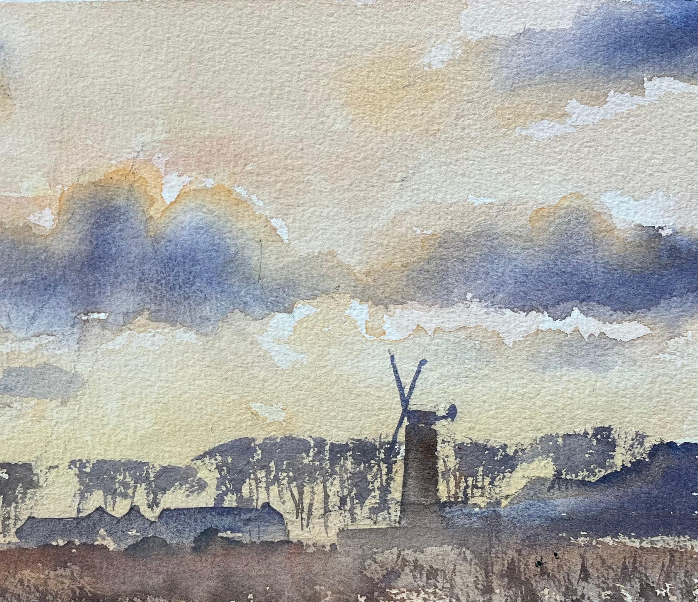 Title: British Original Watercolor of a Windmill and Countryside Landscape at Sunset
By Anthony Avery (British 1946-2023)
Original watercolor on artists paper, unframed
Dimensions: 11.25 x 15.25 inches (Height x Width)
Condition: Good, with some