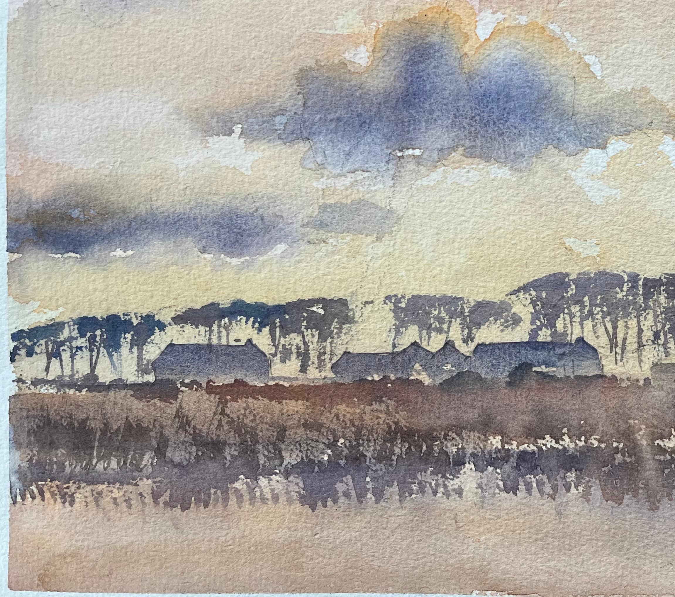 British Original Watercolor of a Windmill and Countryside Landscape at Sunset For Sale 1