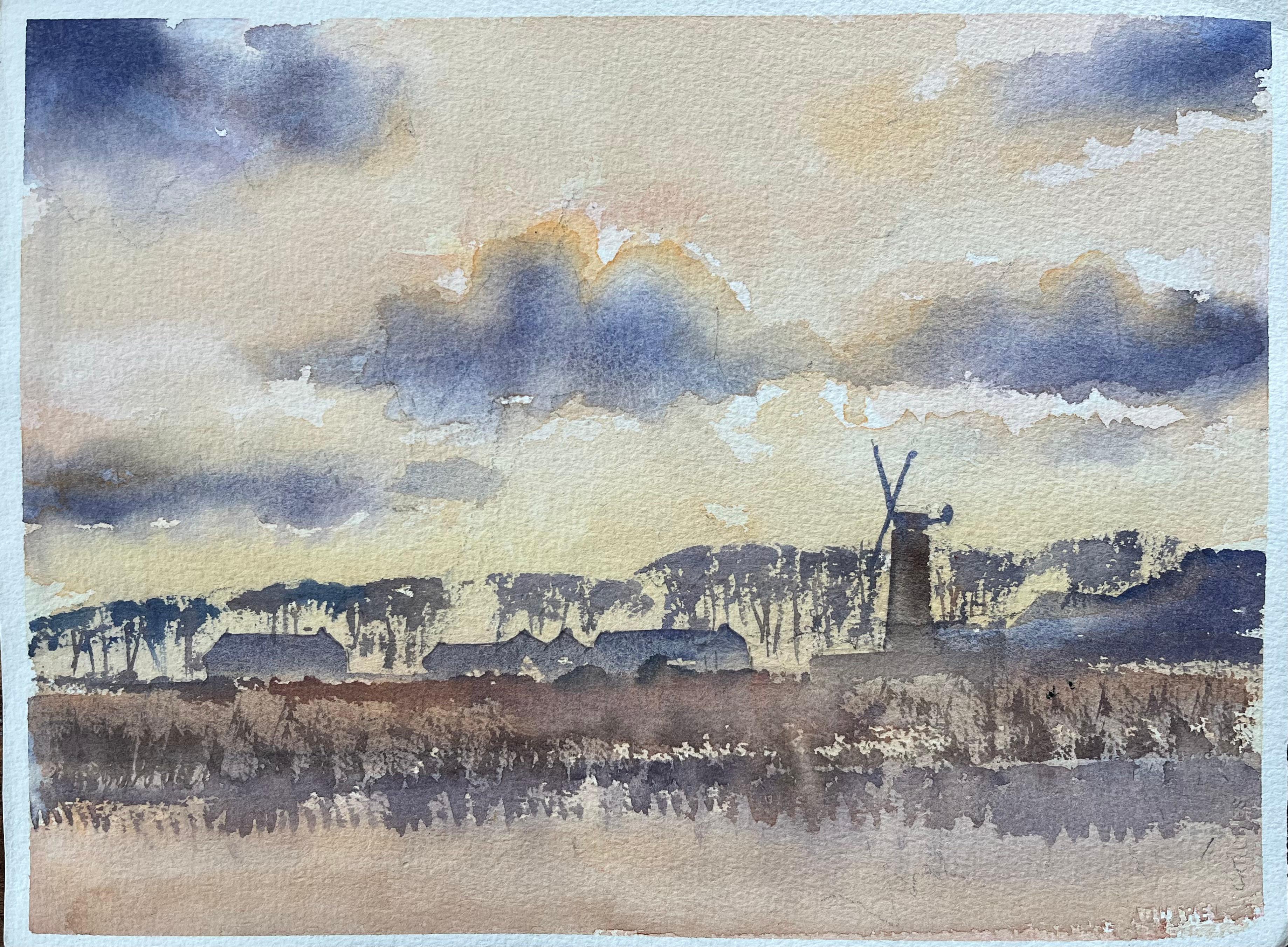 Anthony Avery Landscape Painting - British Original Watercolor of a Windmill and Countryside Landscape at Sunset