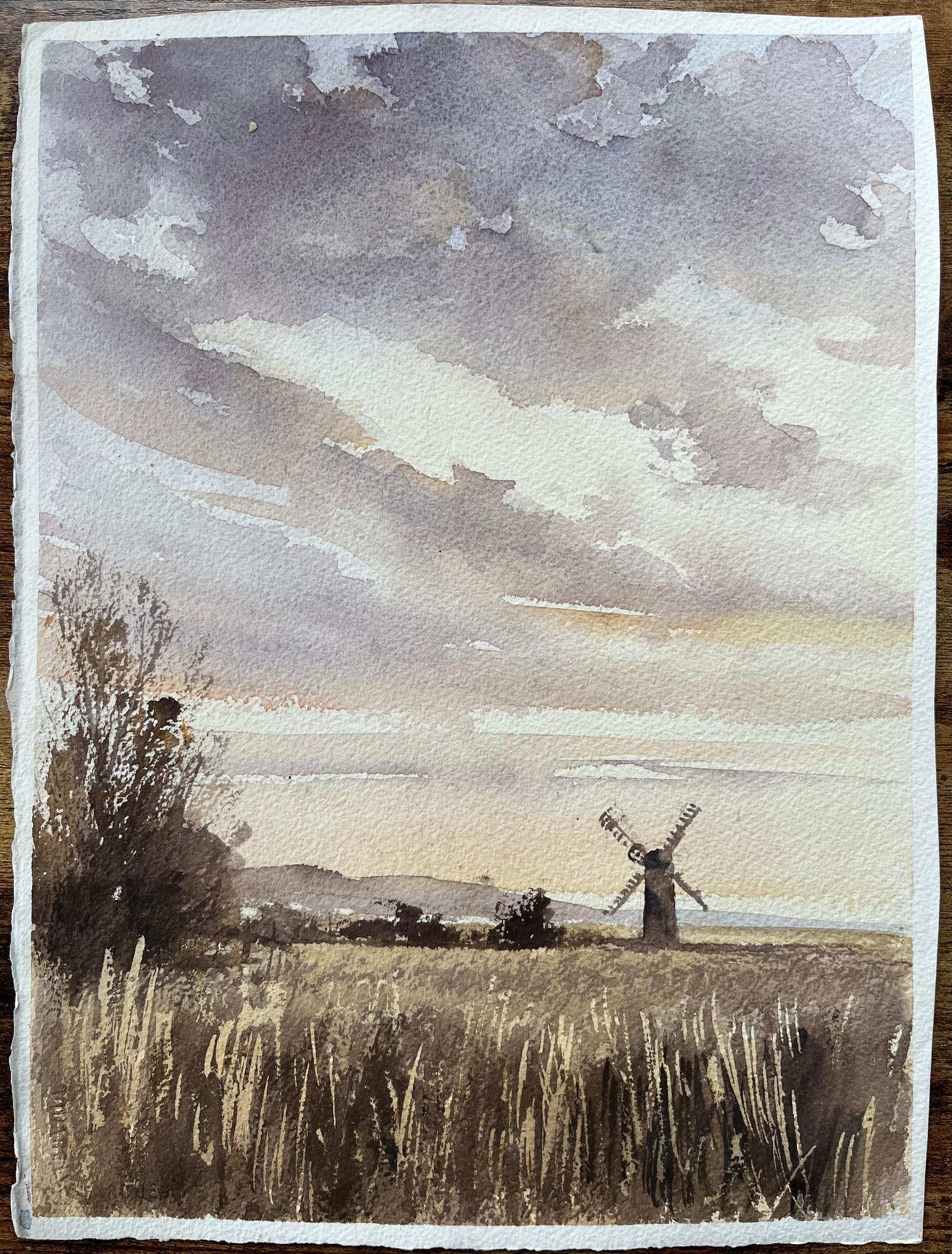 Acuarela original británica de un molino de viento al atardecer - Painting de Anthony Avery