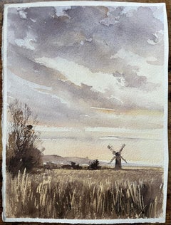 British Watercolor Painting of Windmill at Dusk, Impressionist, 2000s