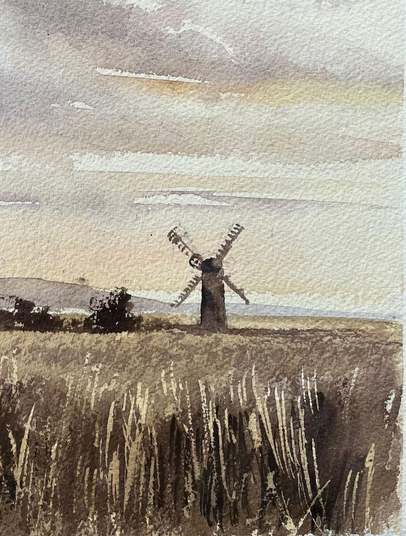 Acuarela original británica de un molino de viento al atardecer - Painting Impresionista de Anthony Avery
