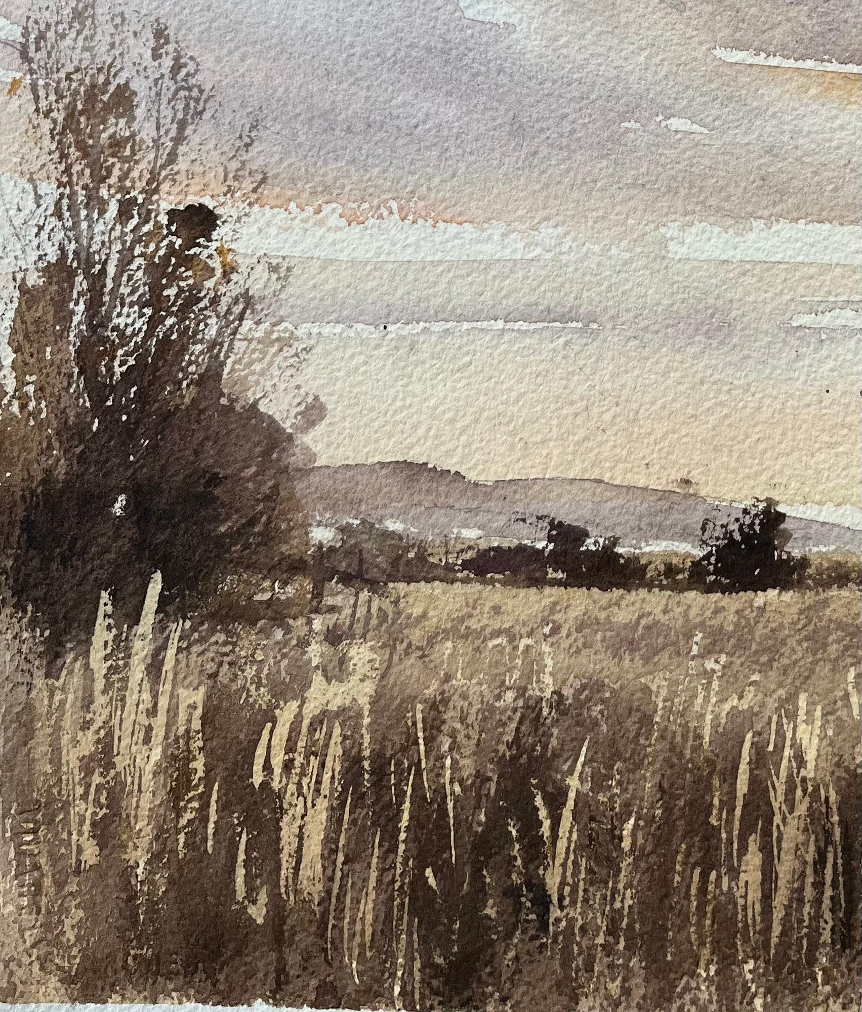 Acuarela original británica de un molino de viento al atardecer - Landscape Painting Gris de Anthony Avery