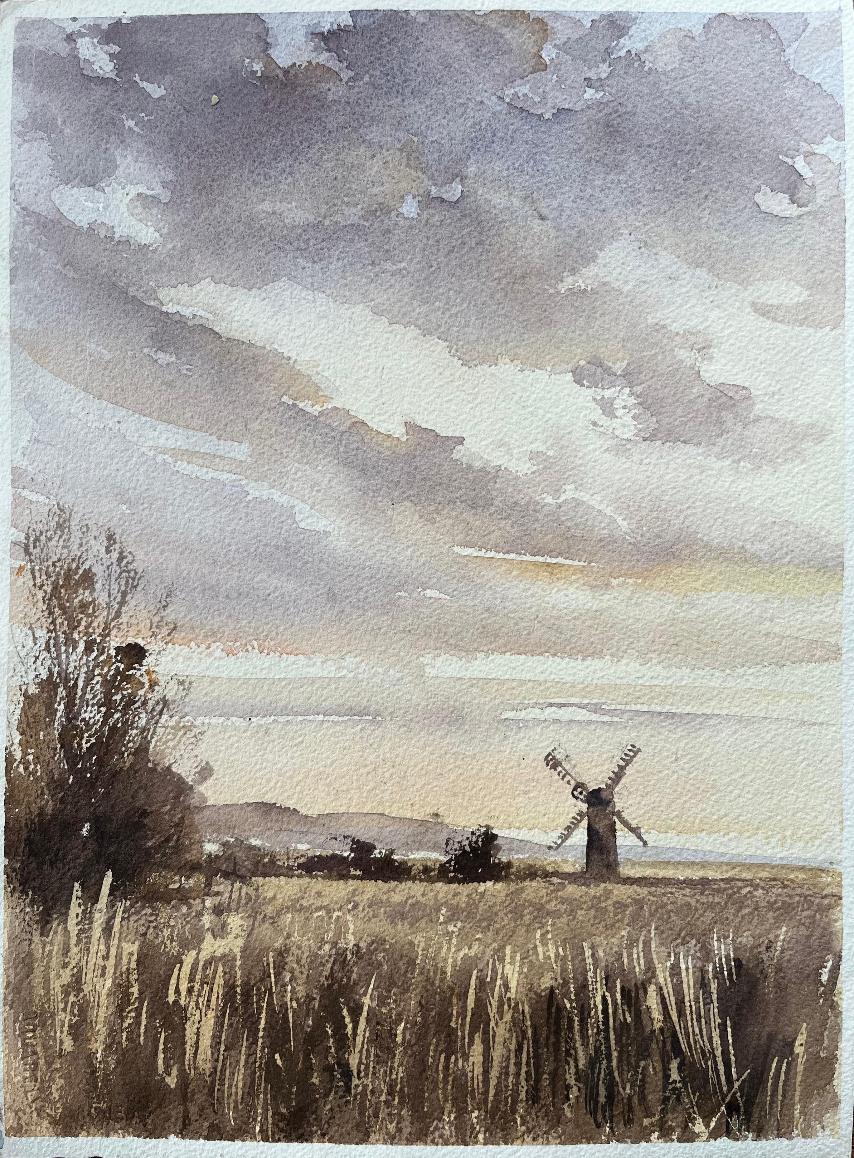Landscape Painting de Anthony Avery - Acuarela original británica de un molino de viento al atardecer