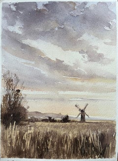 British Original Watercolor of a Windmill at Dusk