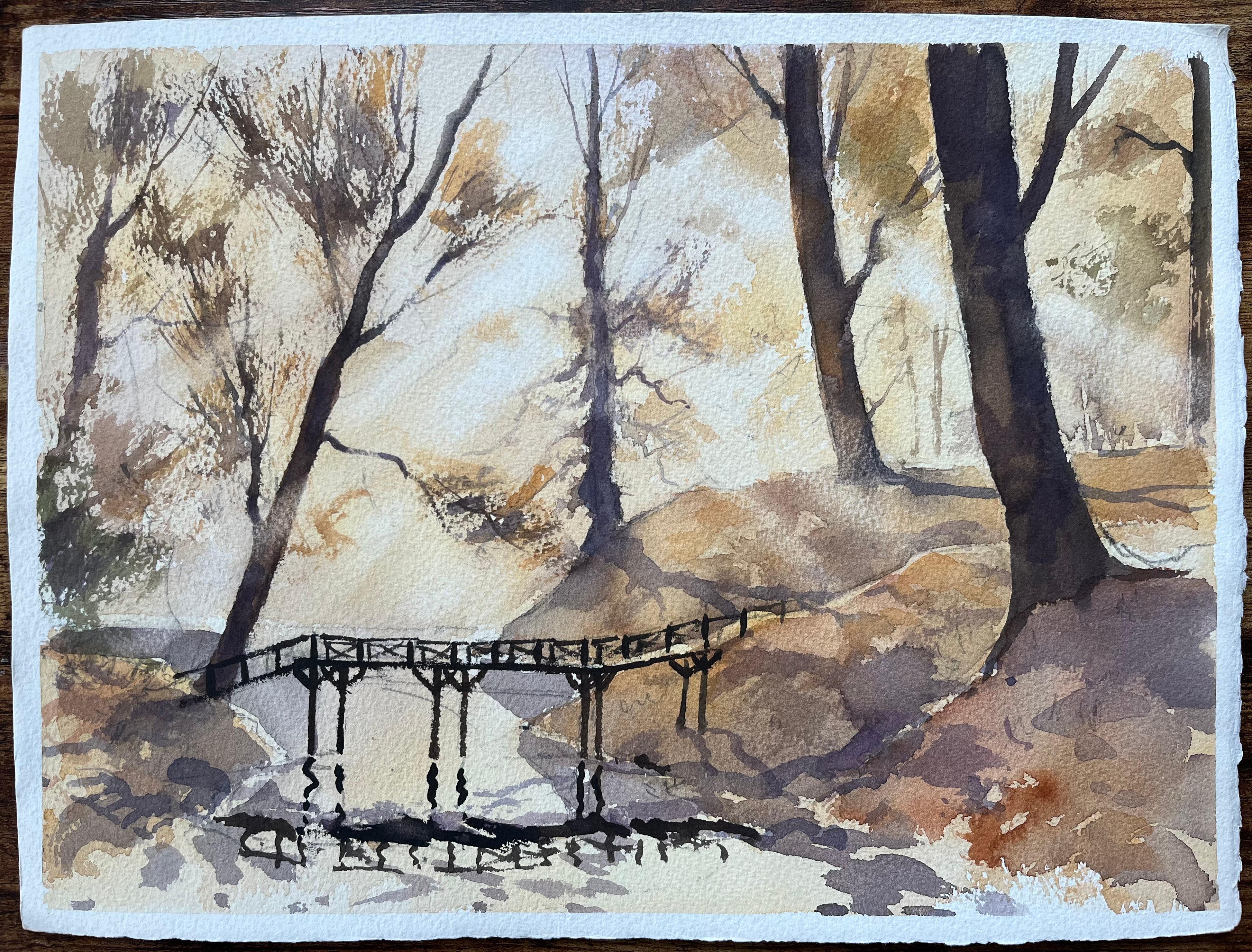 Acquerello originale britannico di una scena di bosco con ponte pedonale - Painting di Anthony Avery