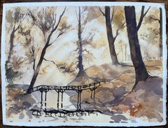 Originales britisches Original-Aquarell einer Waldszene mit Fußbrücke