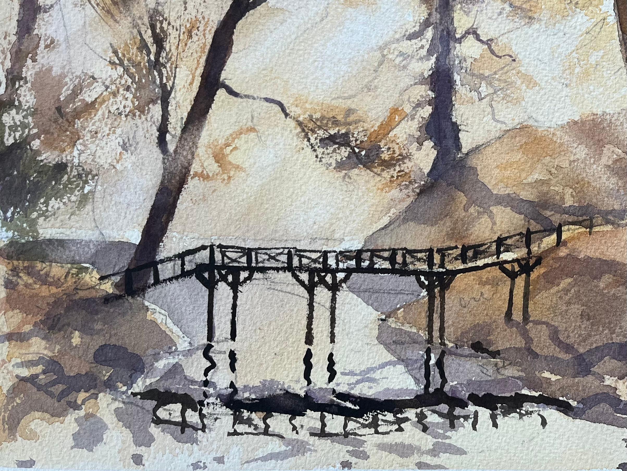 Acquerello originale britannico di una scena di bosco con ponte pedonale - Painting Impressionismo di Anthony Avery