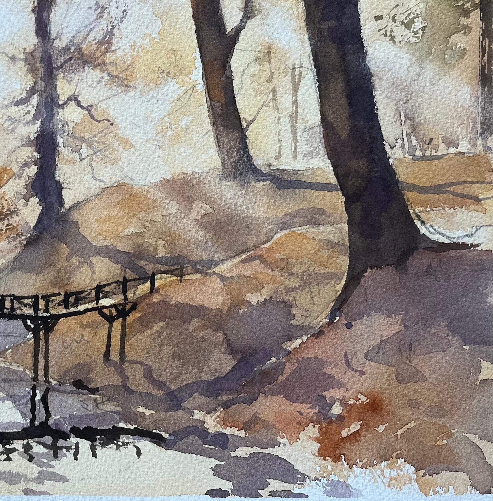Acquerello originale britannico di una scena di bosco con ponte pedonale - Landscape Painting Grigio di Anthony Avery