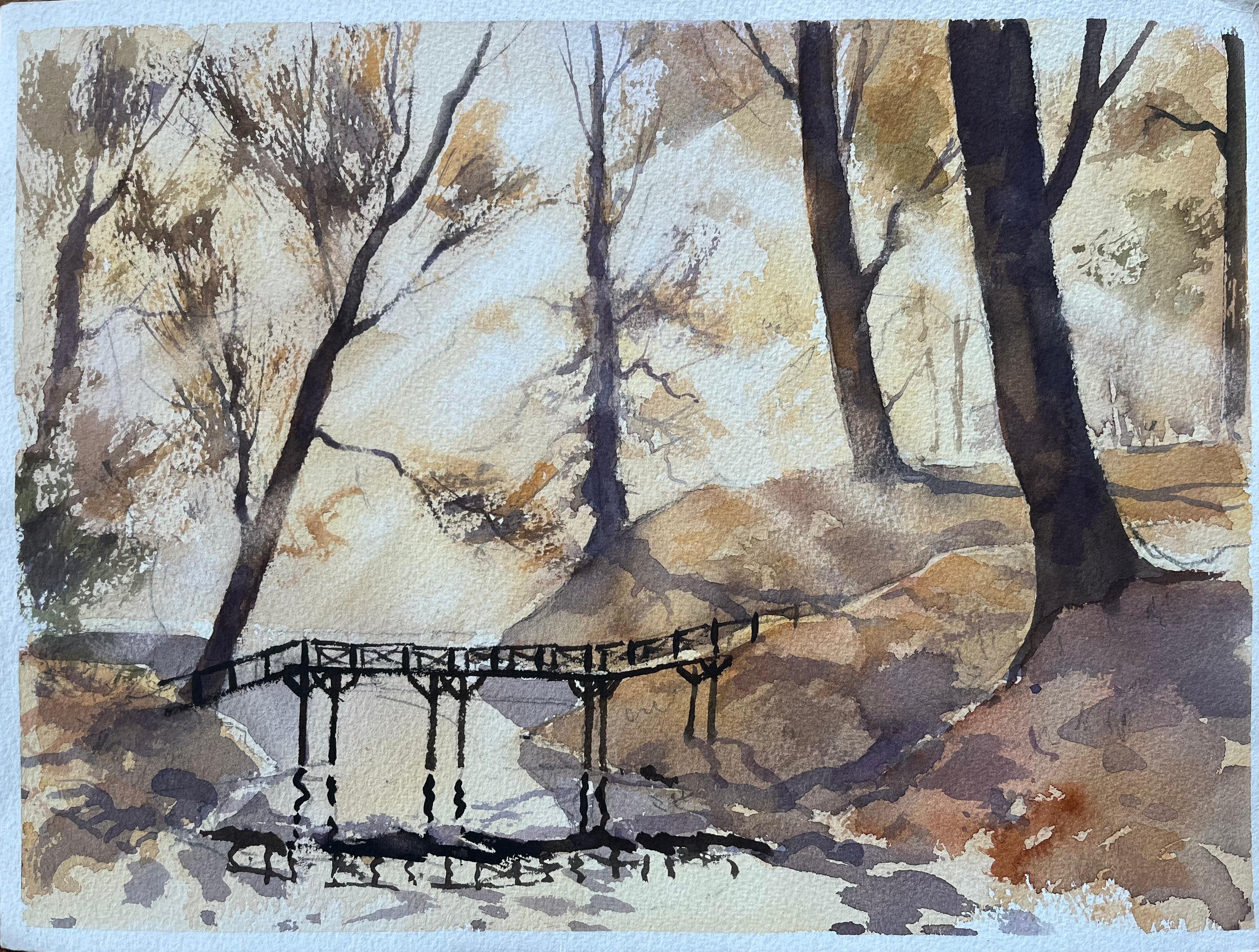 Landscape Painting di Anthony Avery - Acquerello originale britannico di una scena di bosco con ponte pedonale
