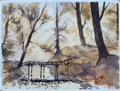 Originales britisches Original-Aquarell einer Waldszene mit Fußbrücke