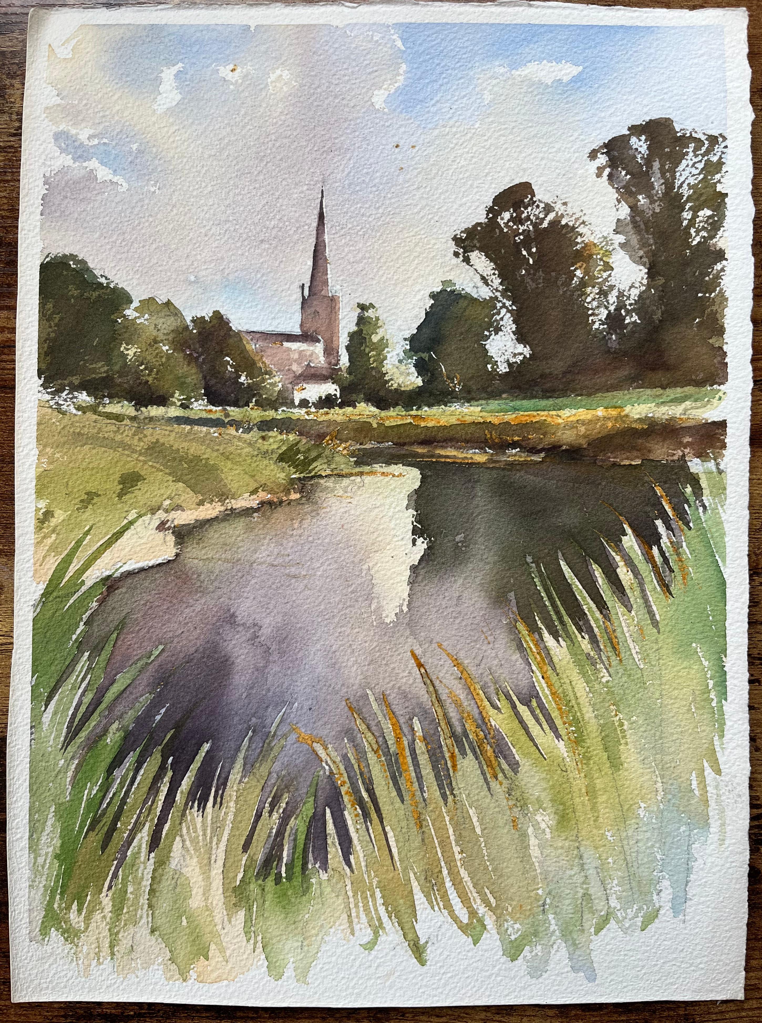 British Original Watercolor of Church by the Riverside - Painting by Anthony Avery