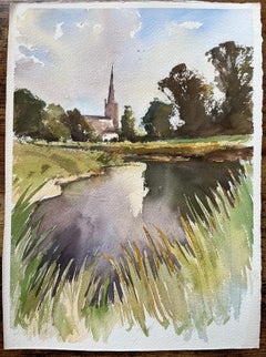 British Original Watercolor of Church by the Riverside