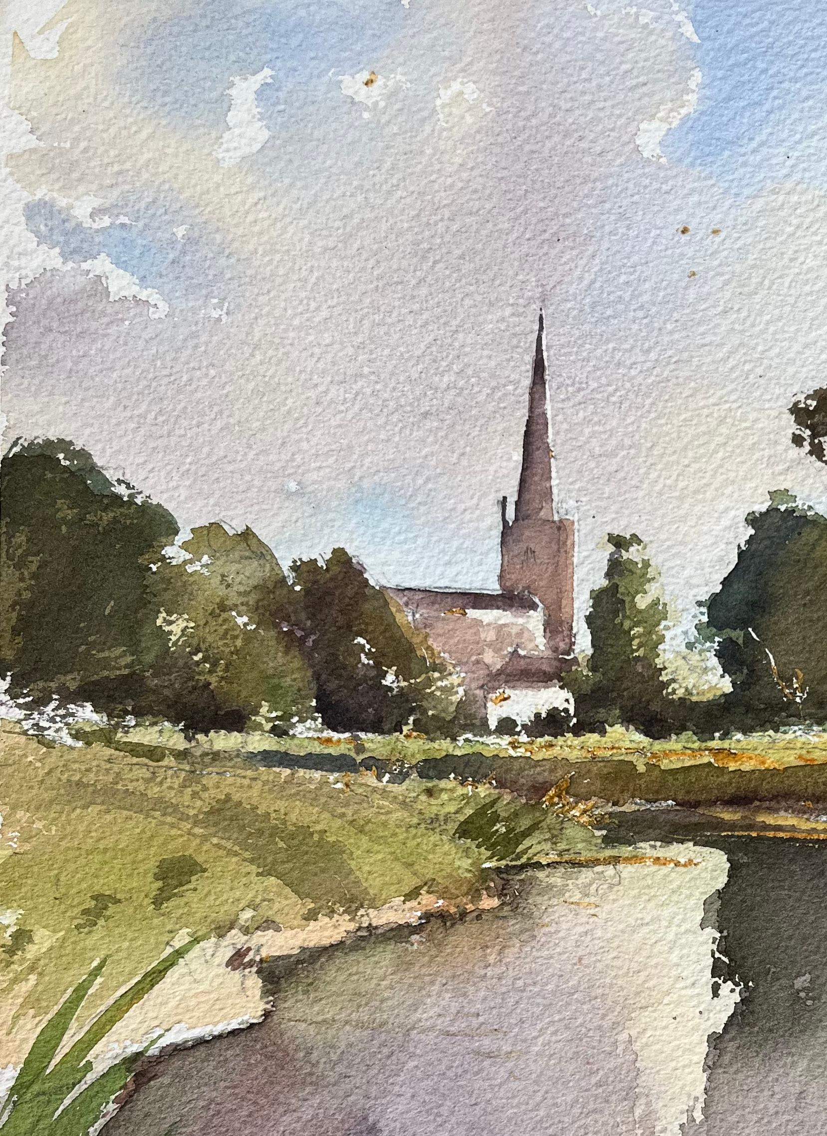 British Original Watercolor of Church by the Riverside - Impressionist Painting by Anthony Avery
