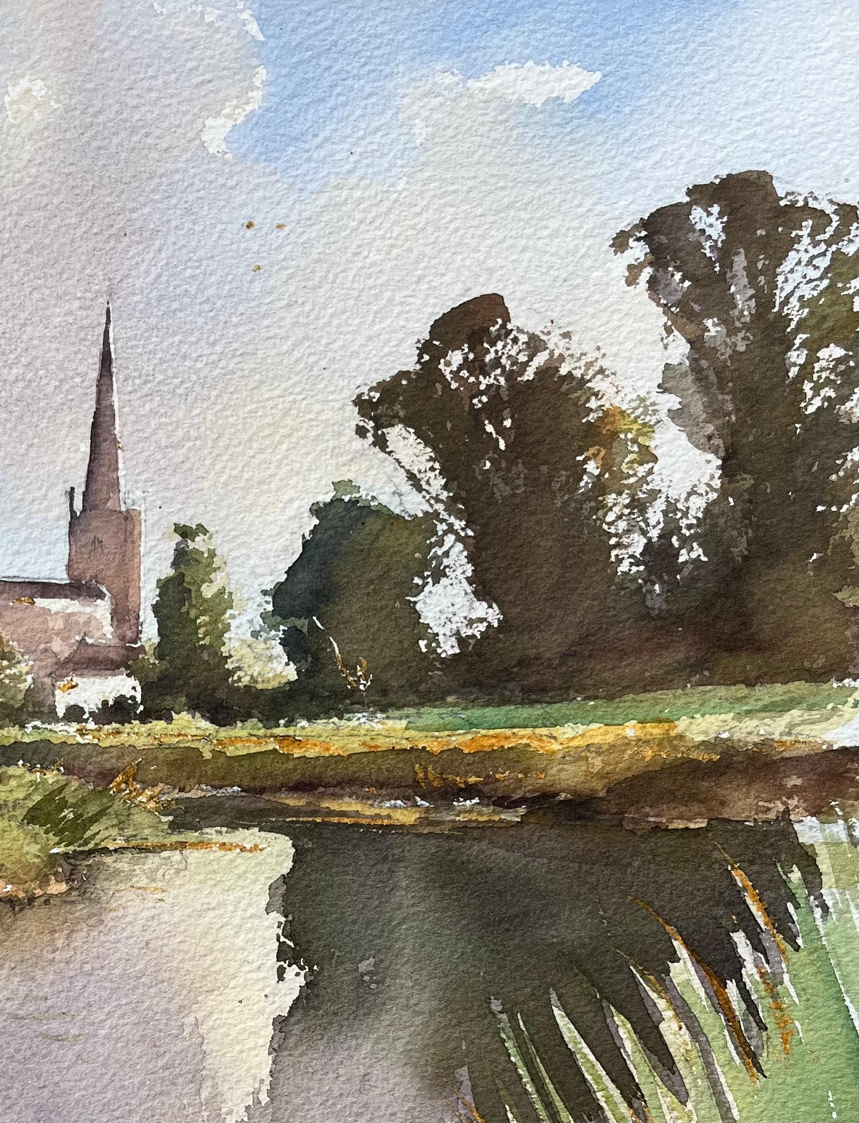 British Original Watercolor of Church by the Riverside - Gray Landscape Painting by Anthony Avery