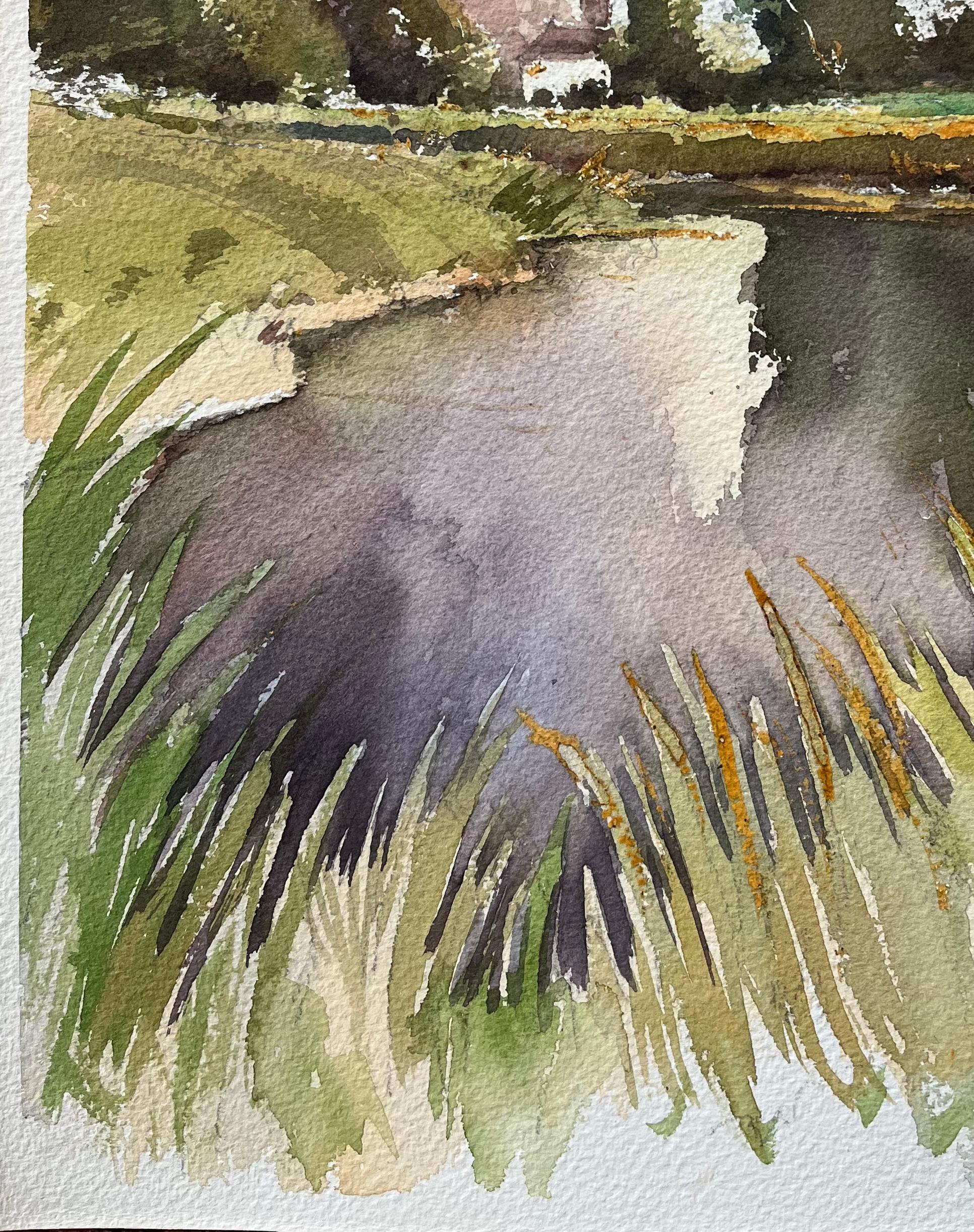 British Original Watercolor of Church by the Riverside For Sale 1