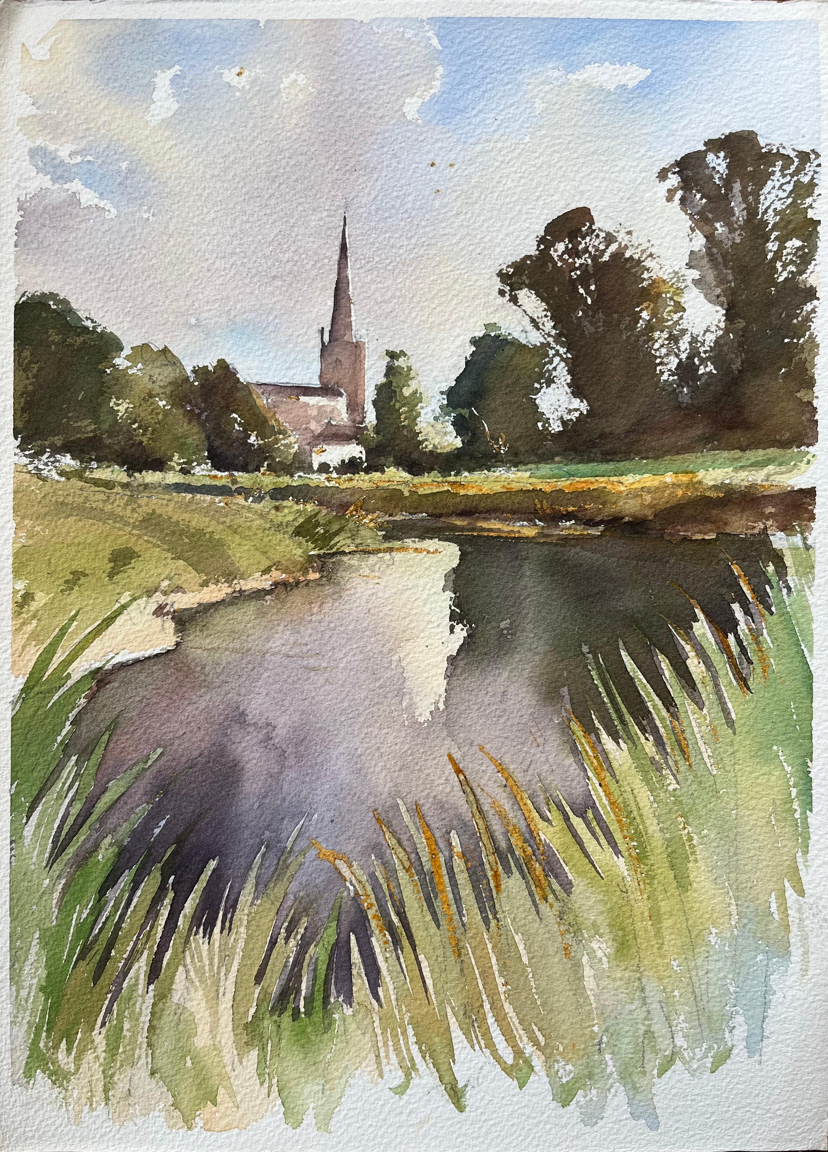 Anthony Avery Landscape Painting - British Original Watercolor of Church by the Riverside