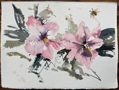 Acuarela original británica de flores rosas con abeja