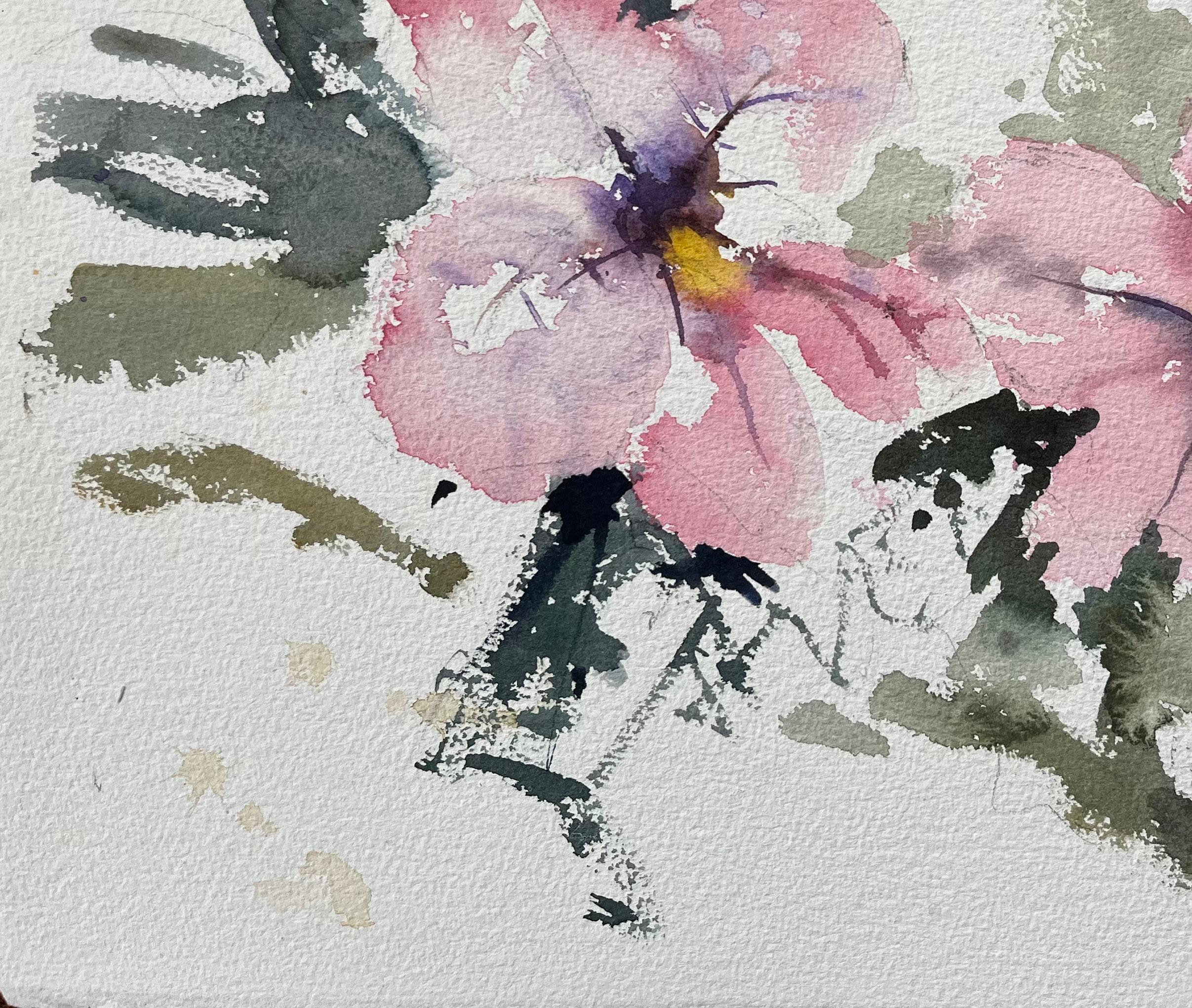 Britisches Original-Aquarell mit rosa Blüten mit Biene, Britisch im Angebot 1
