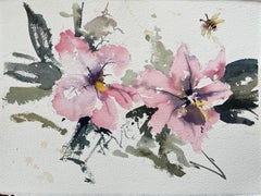 Britisches Original-Aquarell mit rosa Blüten mit Biene, Britisch