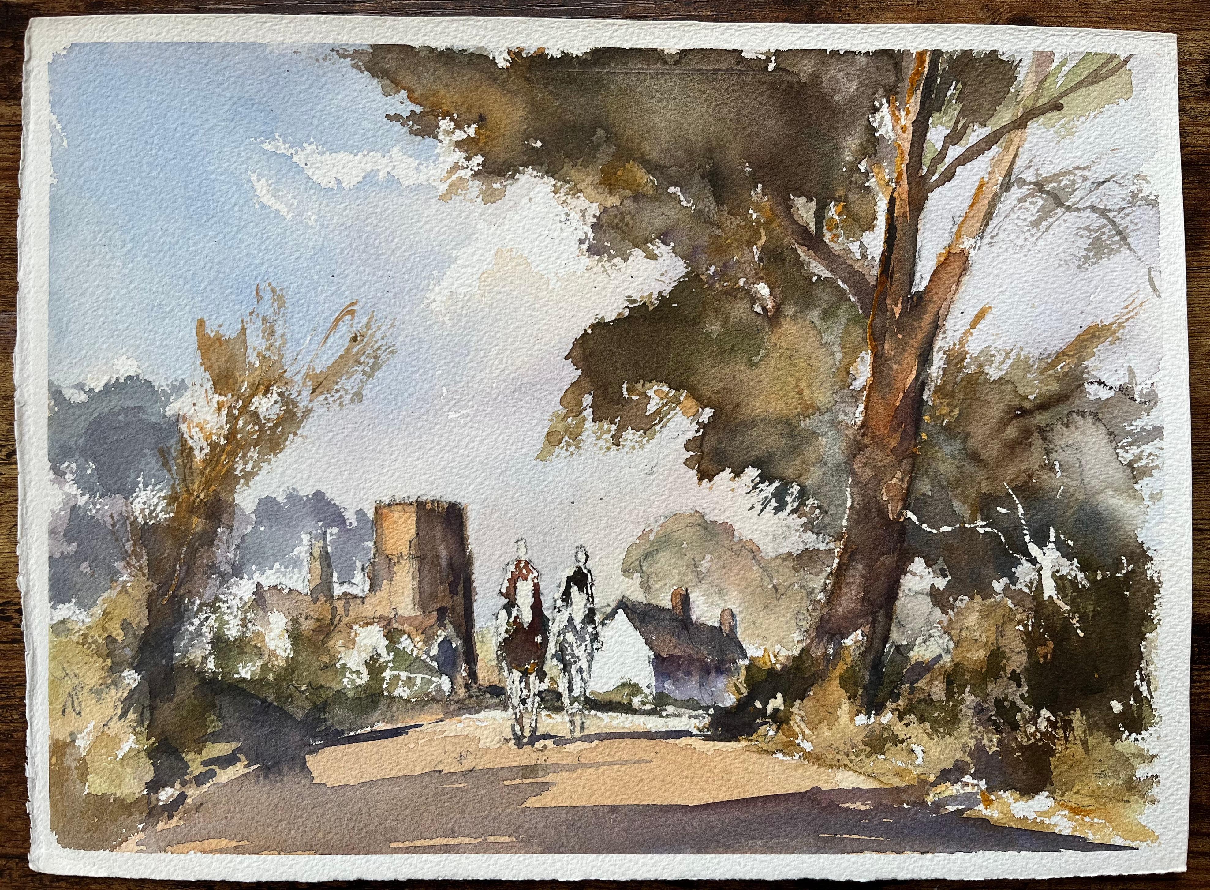 Britisches Original-Aquarell von Reitern, die sich einer Dorfszene nähern – Painting von Anthony Avery