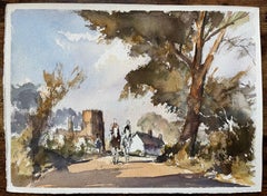 British Original Watercolor of Riders Approaching a Village Scene