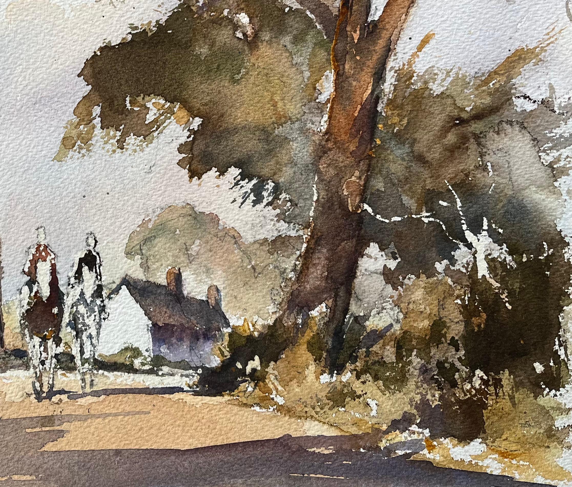 Britisches Original-Aquarell von Reitern, die sich einer Dorfszene nähern (Impressionismus), Painting, von Anthony Avery