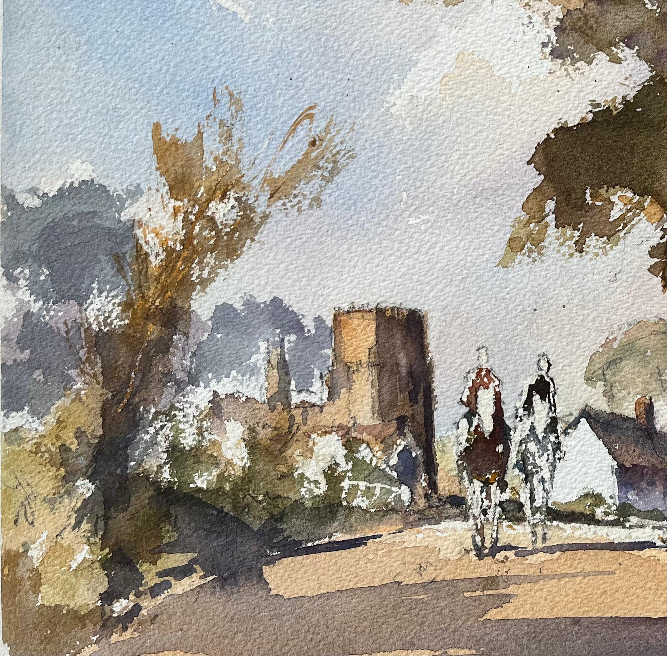 Britisches Original-Aquarell von Reitern, die sich einer Dorfszene nähern (Grau), Landscape Painting, von Anthony Avery