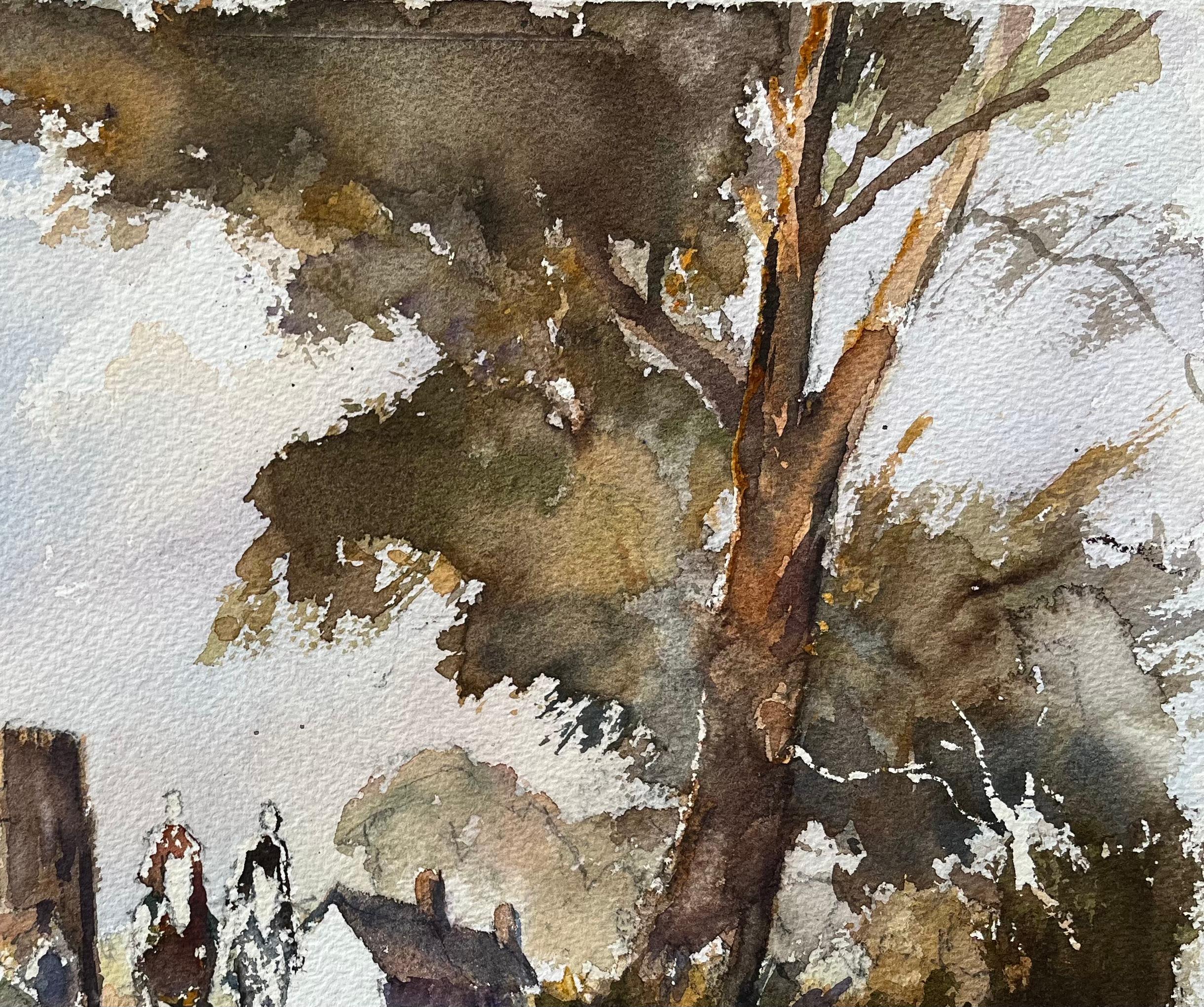 Titel: Britisches Original-Aquarell von Reitern, die sich einer Dorfszene nähern
Von Anthony Avery (Brite 1946-2023)
Original-Aquarell auf Künstlerpapier, ungerahmt
Abmessungen: 11 x 15 Zoll (Höhe x Breite)
Zustand: Gut, mit leichten