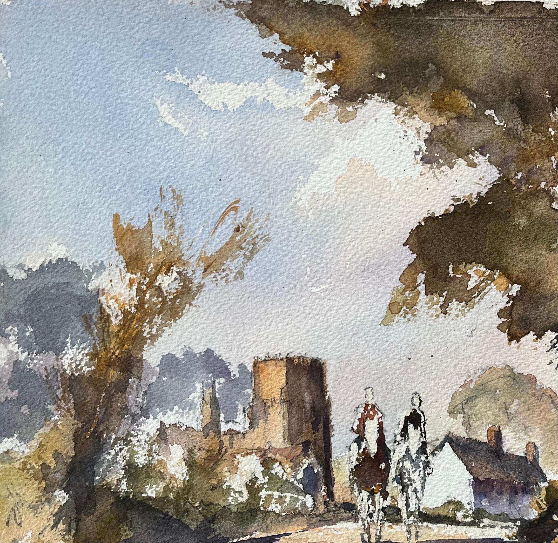Britisches Original-Aquarell von Reitern, die sich einer Dorfszene nähern im Angebot 1