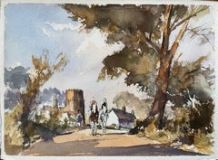 British Original Watercolor of Riders Approaching a Village Scene