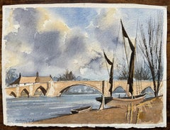 Aquarelle britannique originale du pont de Riverside avec bateaux