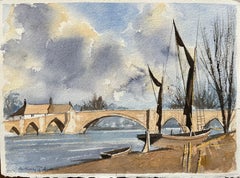 Britisches Original-Aquarell der Flussuferbrücke mit Booten, Britisch