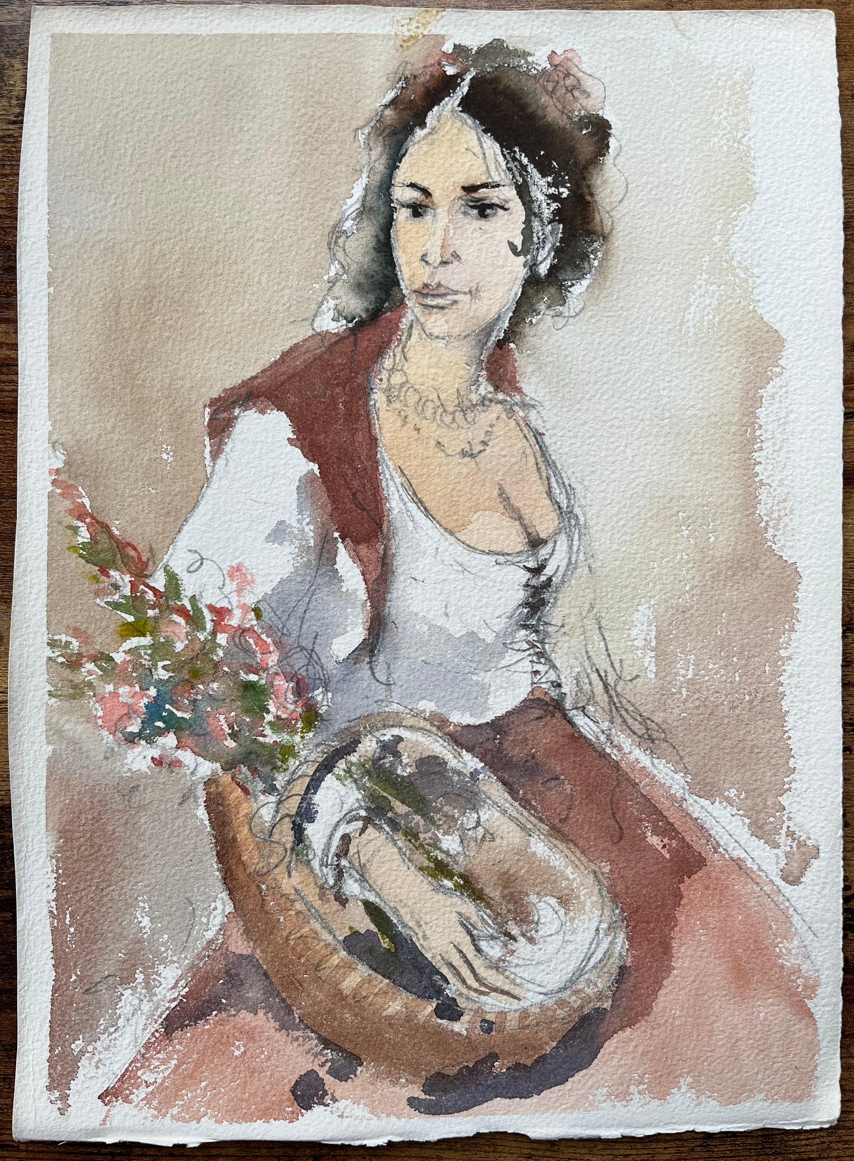 Originales britisches Original-Aquarellporträt einer Frau mit Blumen – Painting von Anthony Avery