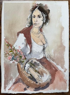 Retrato original británico en acuarela de una mujer con flores