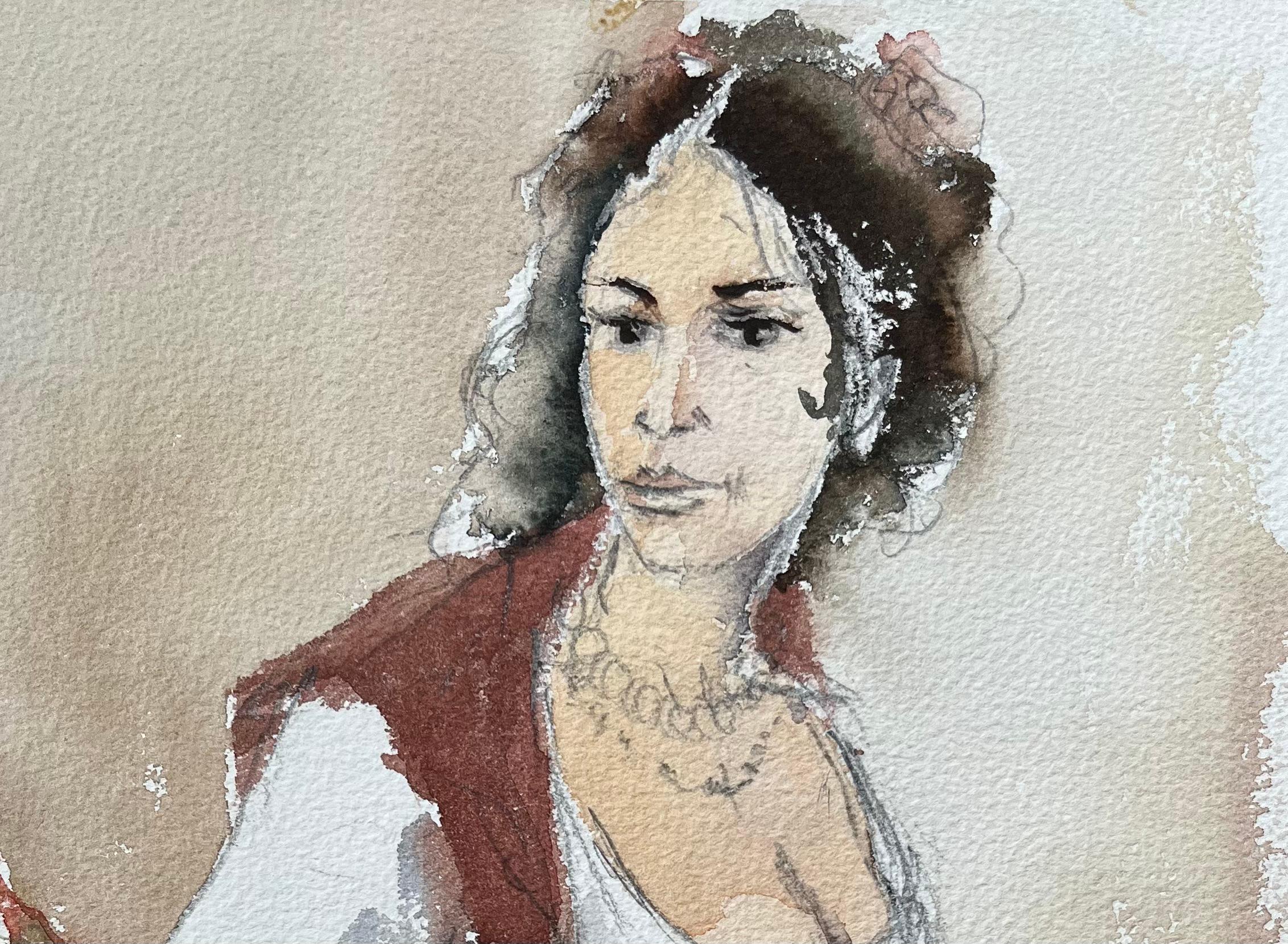 Originales britisches Original-Aquarellporträt einer Frau mit Blumen (Impressionismus), Painting, von Anthony Avery
