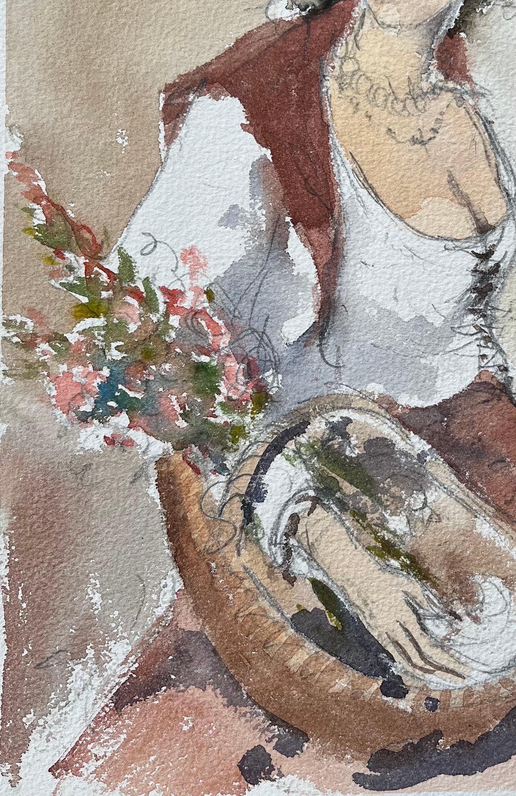Originales britisches Original-Aquarellporträt einer Frau mit Blumen (Grau), Landscape Painting, von Anthony Avery