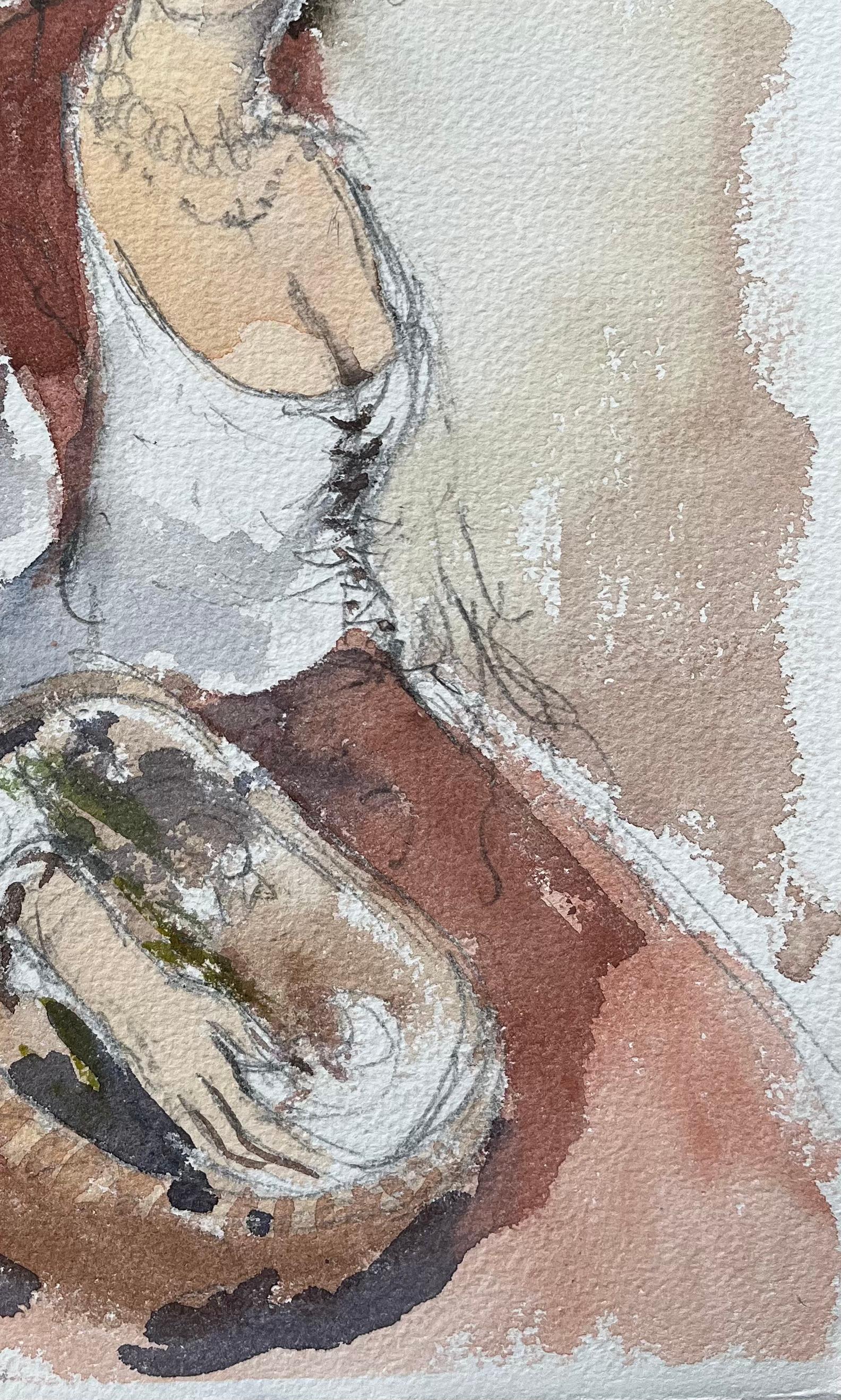Titel: Britisches Original-Aquarell-Porträt einer Frau mit Blumen
Von Anthony Avery (Brite 1946-2023)
Original-Aquarell auf Künstlerpapier, ungerahmt
Abmessungen: 15,25 x 11,25 Zoll (Höhe x Breite)
Zustand: Gut, mit leichten