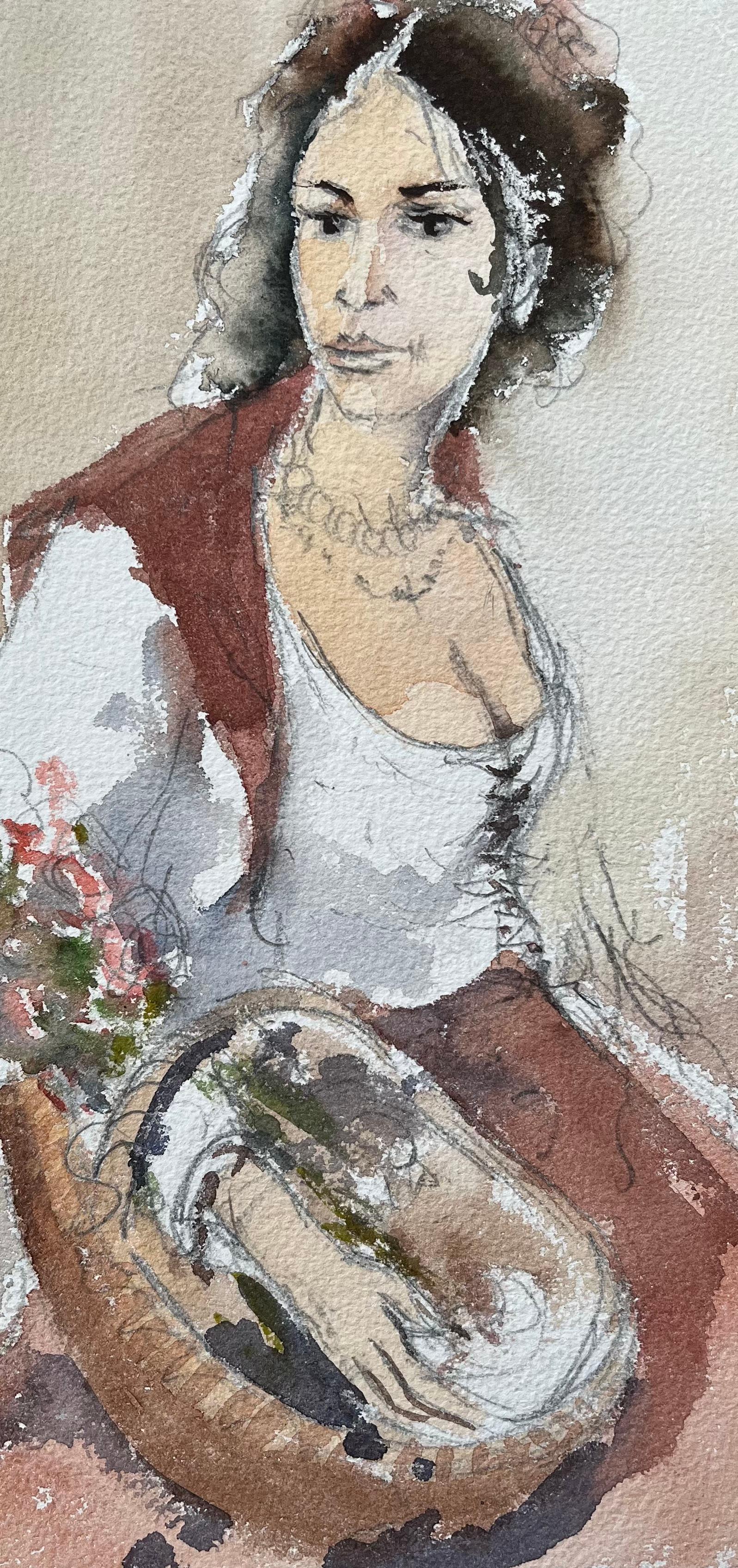 Originales britisches Original-Aquarellporträt einer Frau mit Blumen im Angebot 1