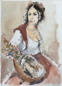 British Original Watercolor Portrait of a Woman with Flowers