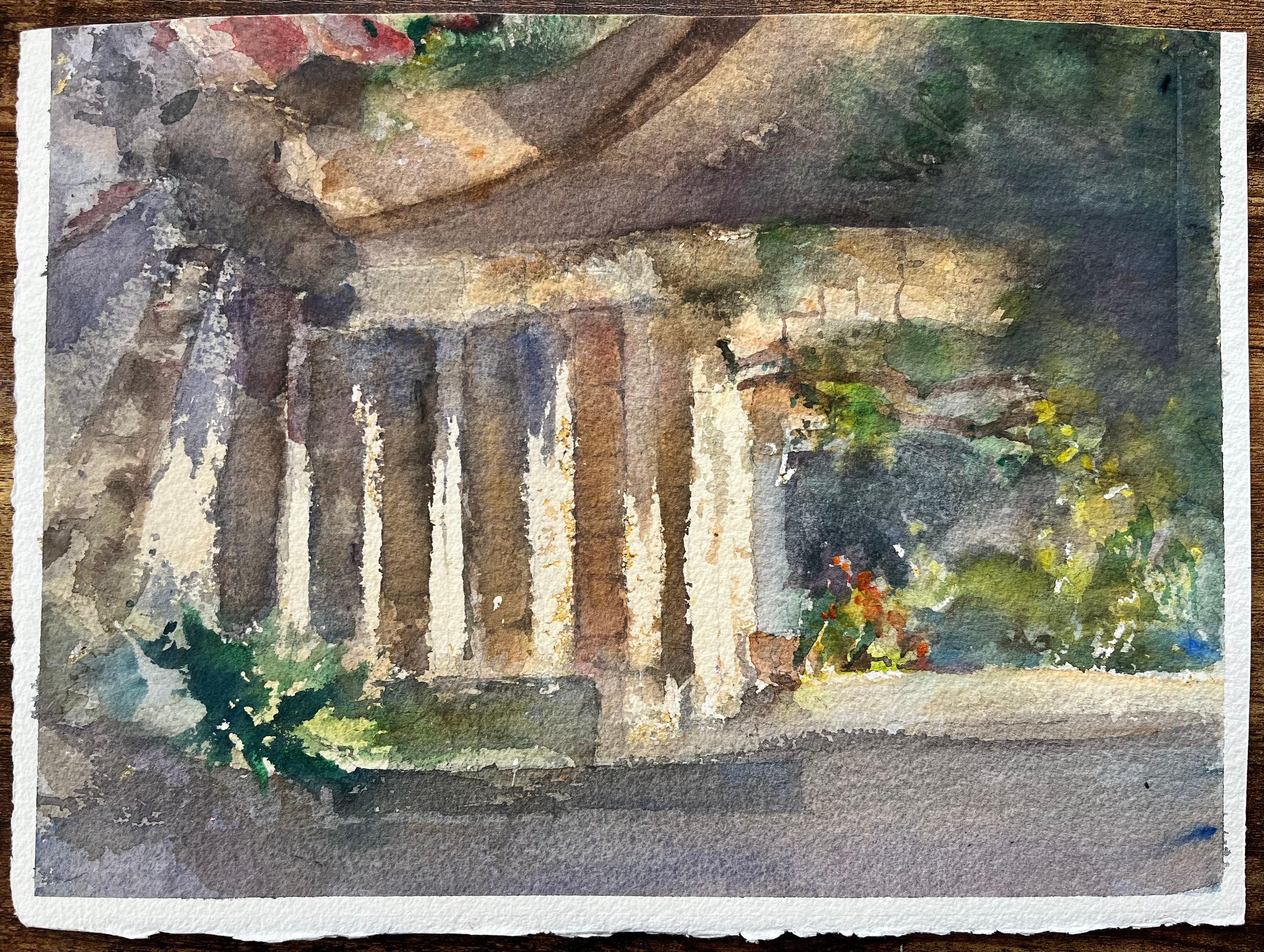 British Watercolor Architectural Detail with Stone Columns and Greenery - Painting by Anthony Avery