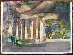 British Watercolor Architectural Detail with Stone Columns and Greenery