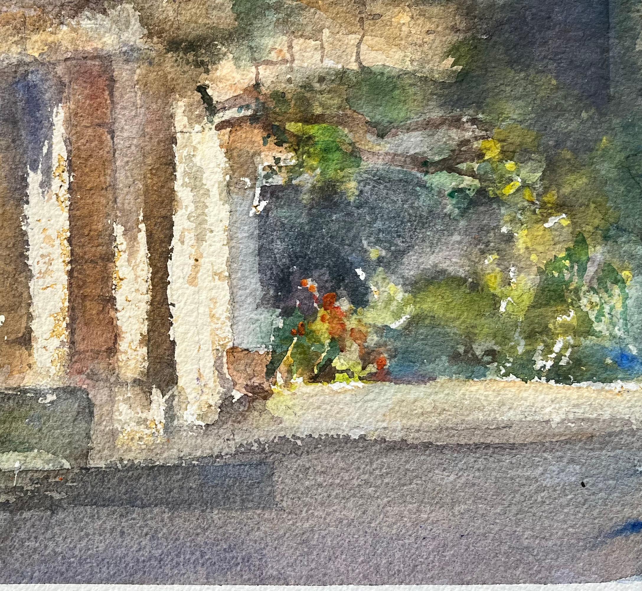 British Watercolor Architectural Detail with Stone Columns and Greenery - Impressionist Painting by Anthony Avery