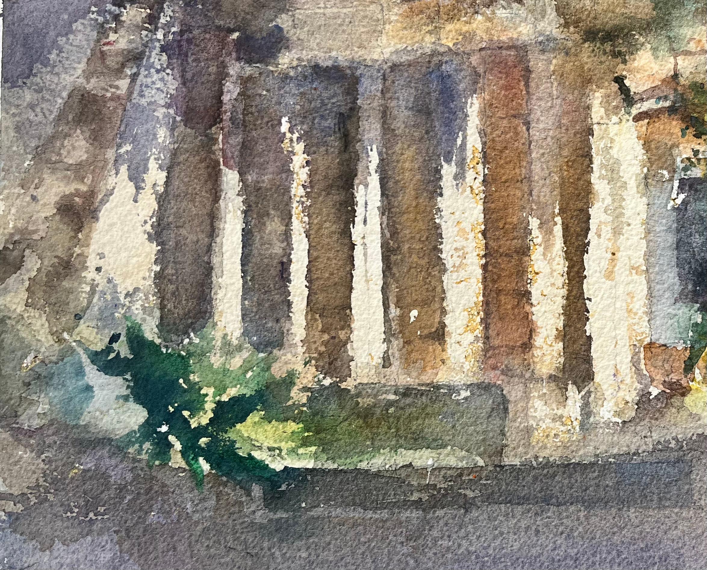 British Watercolor Architectural Detail with Stone Columns and Greenery - Gray Landscape Painting by Anthony Avery