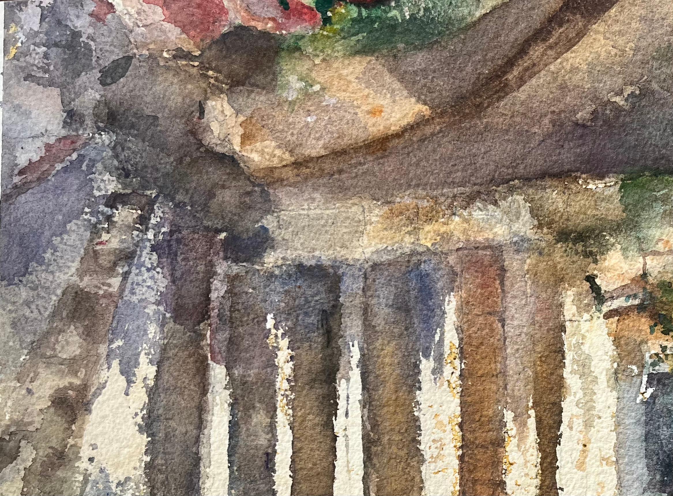 Title: British Watercolor Architectural Detail with Stone Columns and Greenery
By Anthony Avery (British 1946-2023)
Original watercolor on artists paper, unframed
Dimensions: 11.25 x 15.25 inches (Height x Width)
Condition: Good, with some minor